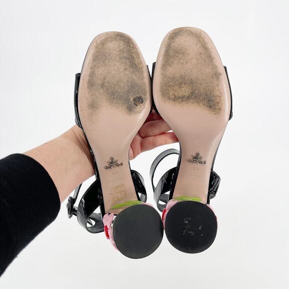 Prada Black Patent Leather Ankle Strap Flower Block Heel Sandal size IT 40 - Picture 12 of 12